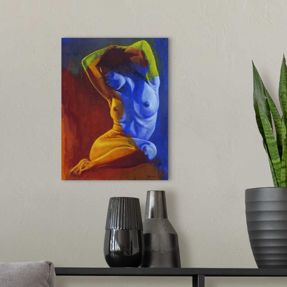 A modern room featuring Primary hues wash across a beautiful young nude who is unaware of the artist's gaze. Thoughtfully...