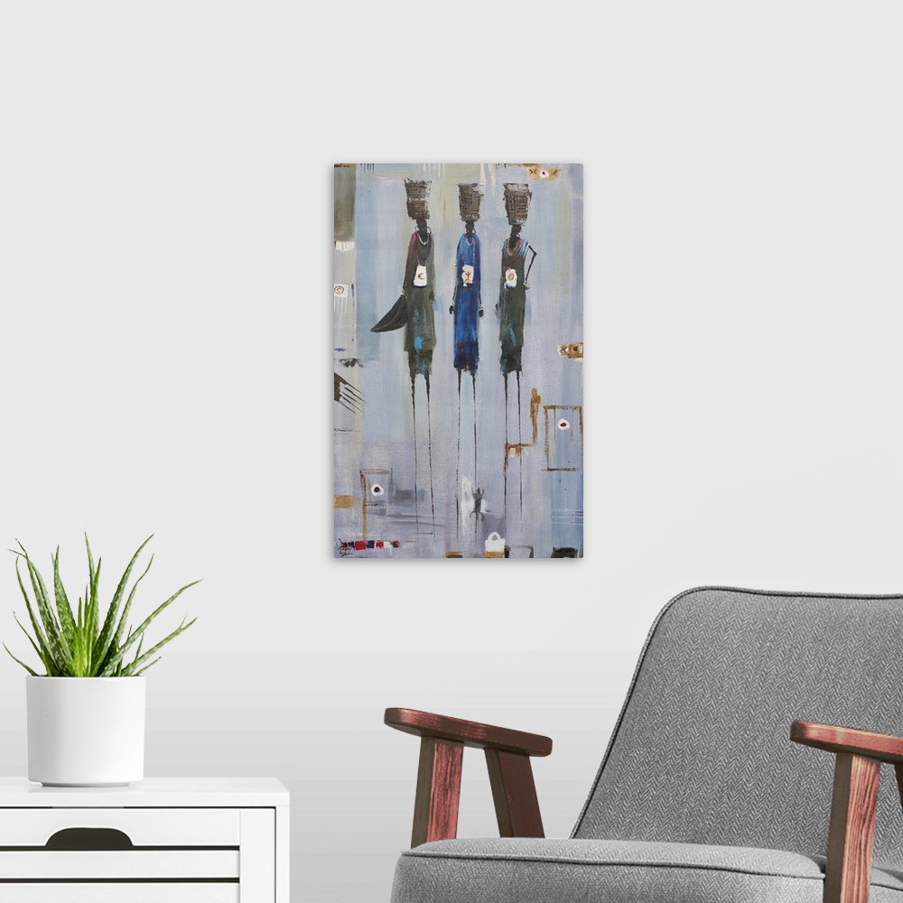 A modern room featuring Tall and slender, three women convey strength of character as they stride toward the market in a ...