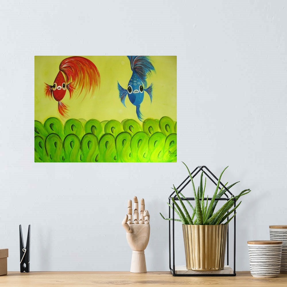 A bohemian room featuring Vibrant painting of two Betta fish, one red and one blue.
