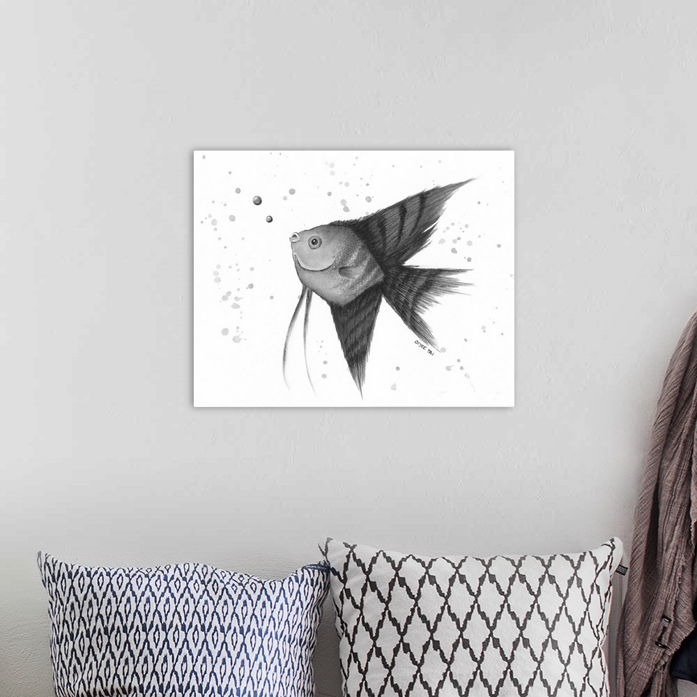 A bohemian room featuring Chinese ink painting of an angel fish blowing bubbles in black and white.