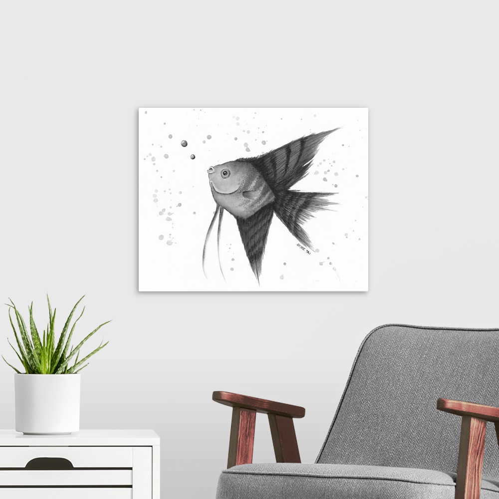 A modern room featuring Chinese ink painting of an angel fish blowing bubbles in black and white.
