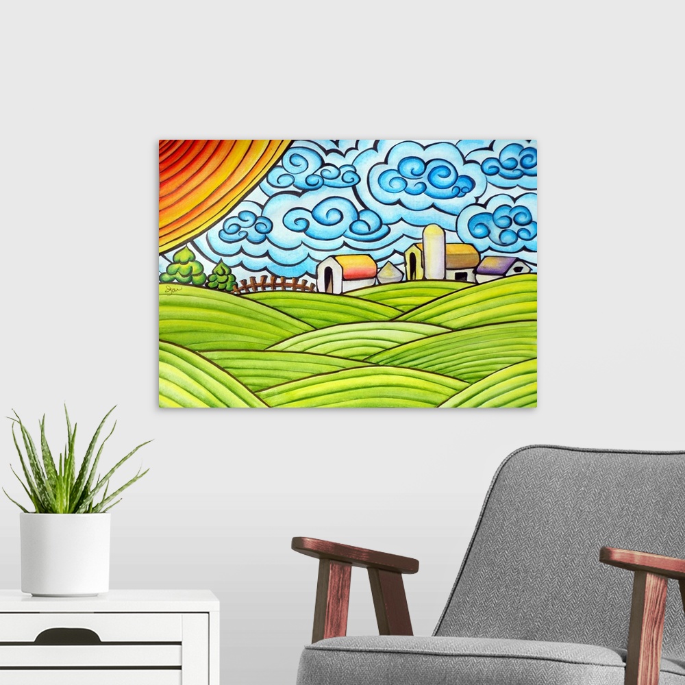 A modern room featuring Whimsical painting of a farm landscape with bright colors and fun brushstrokes.