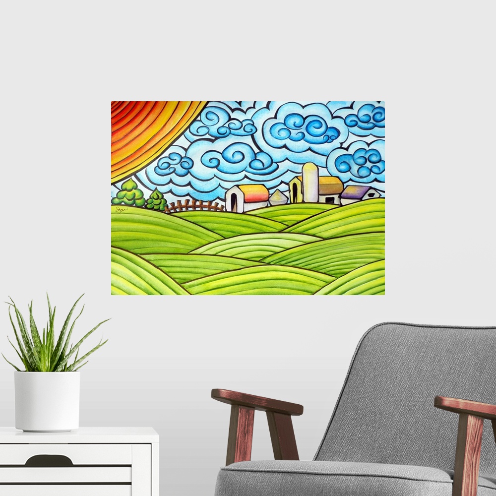 A modern room featuring Whimsical painting of a farm landscape with bright colors and fun brushstrokes.