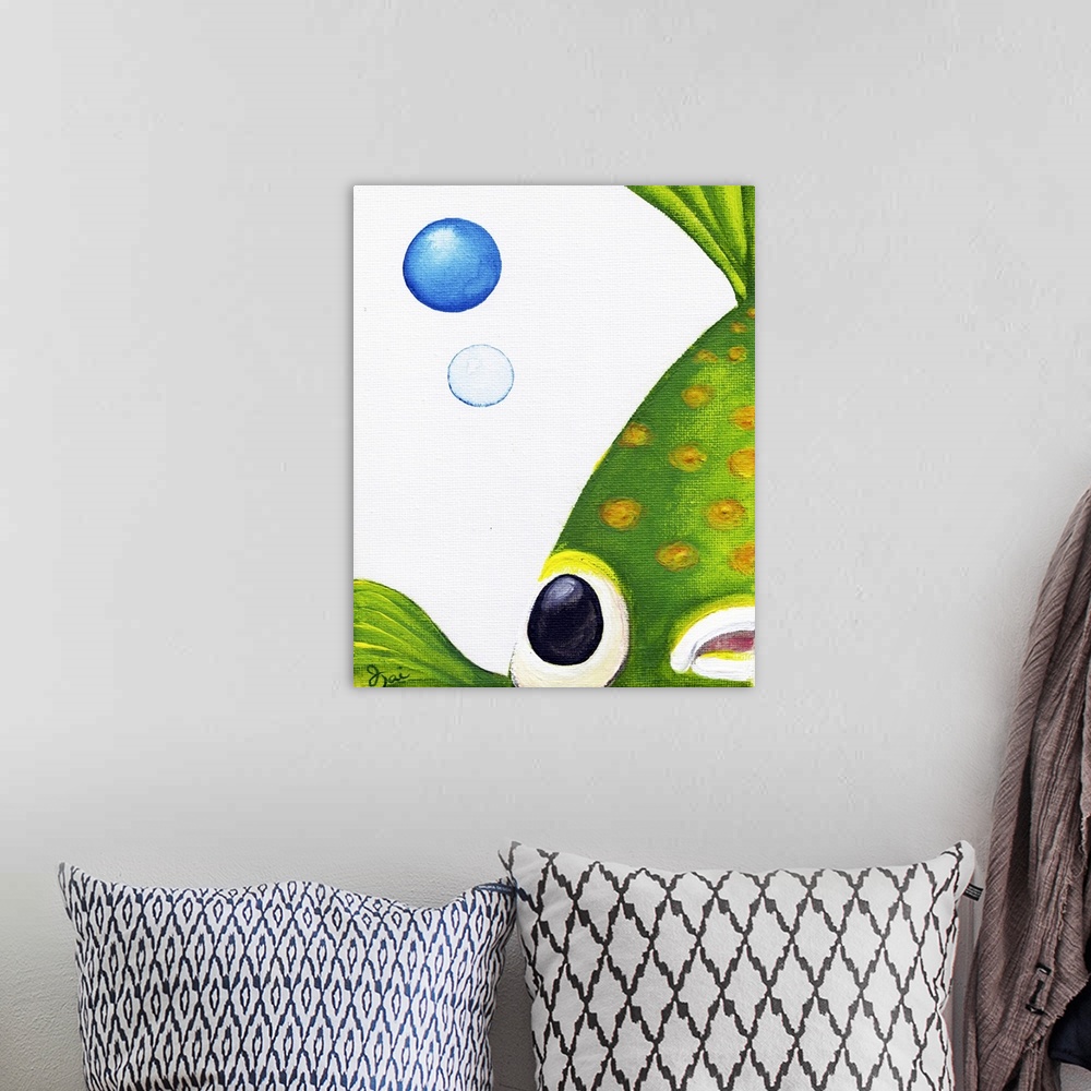 A bohemian room featuring Contemporary painting of a green Betta fish with yellow dots up close and two bubbles beside it.