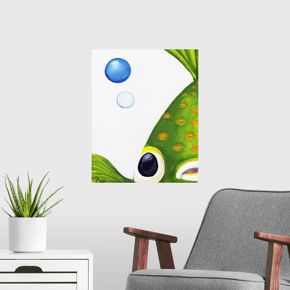A modern room featuring Contemporary painting of a green Betta fish with yellow dots up close and two bubbles beside it.