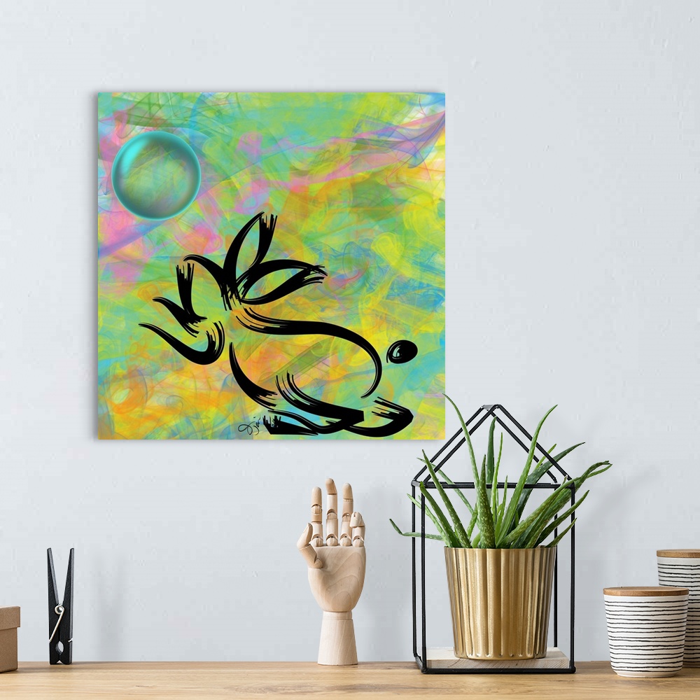 A bohemian room featuring Abstract illustration of a rabbit for the Year of the Rabbit, on a colorful background.