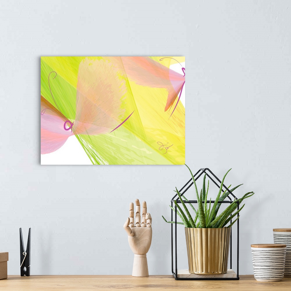 A bohemian room featuring Abstract digital art representing two butterflies.