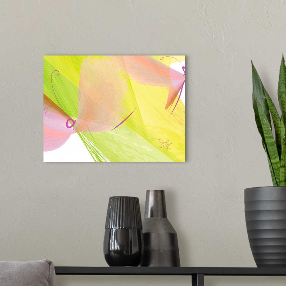 A modern room featuring Abstract digital art representing two butterflies.