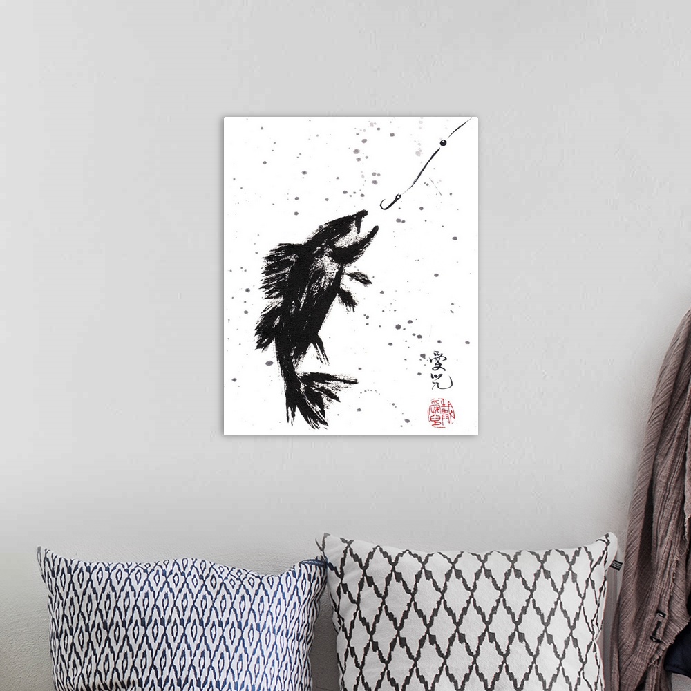 A bohemian room featuring Chinese ink and splatter painting of a fish about to bite a hook.