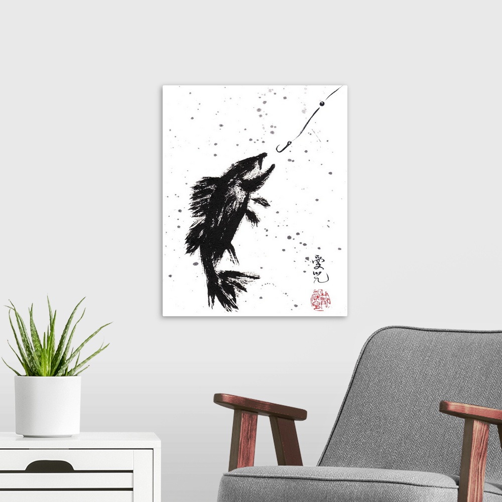 A modern room featuring Chinese ink and splatter painting of a fish about to bite a hook.