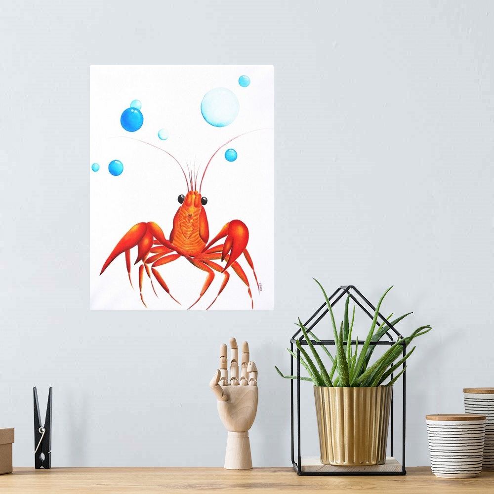 A bohemian room featuring Contemporary painting of a brightly colored lobster and blue bubbles above.