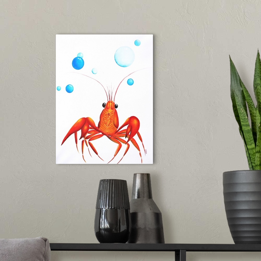 A modern room featuring Contemporary painting of a brightly colored lobster and blue bubbles above.