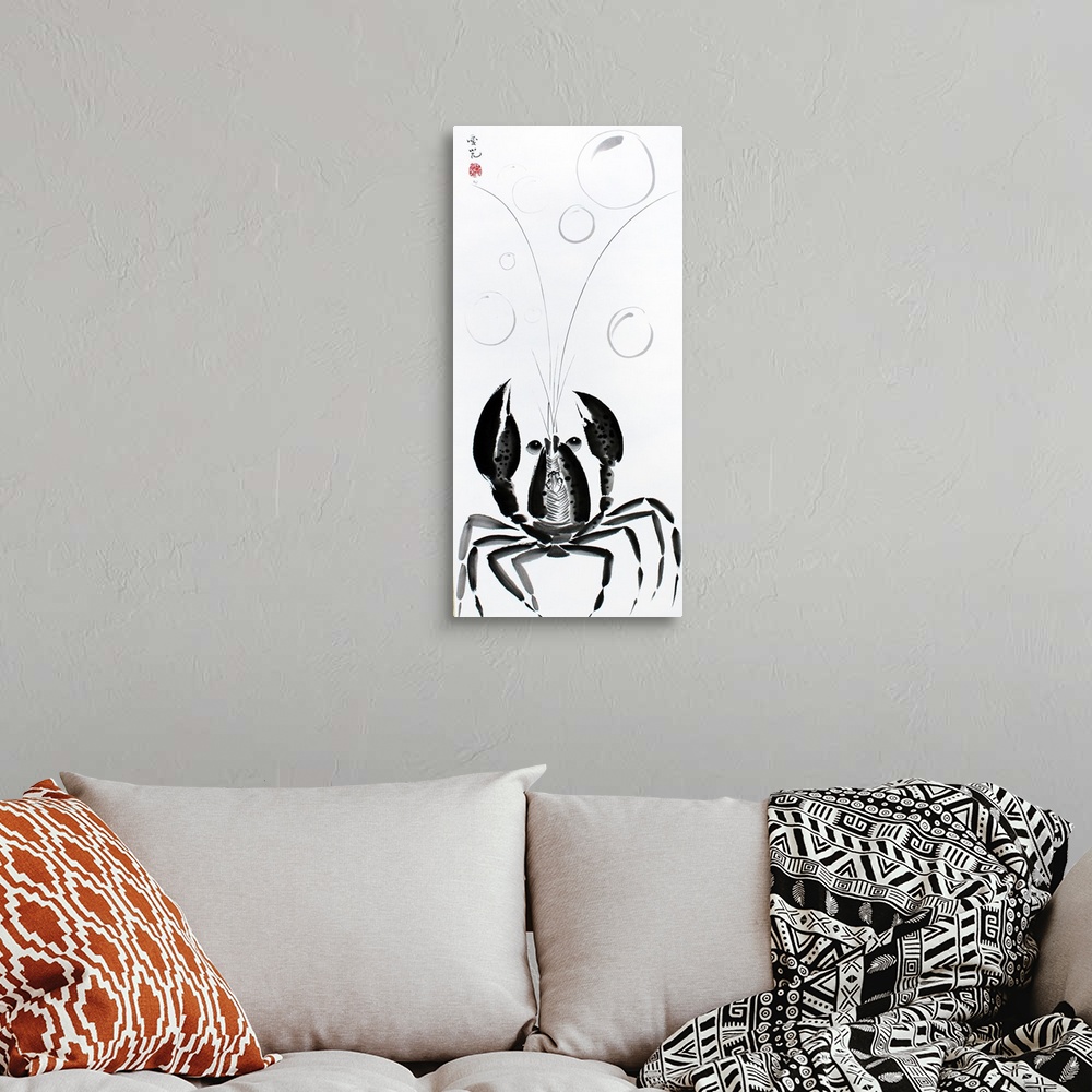 A bohemian room featuring Chinese ink painting of a lobster with long whiskers and bubbles at the top.
