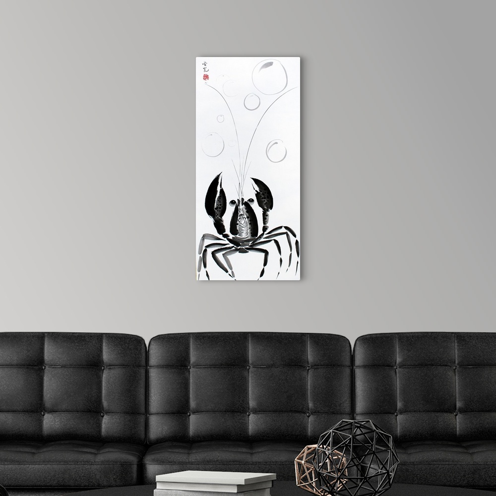 A modern room featuring Chinese ink painting of a lobster with long whiskers and bubbles at the top.