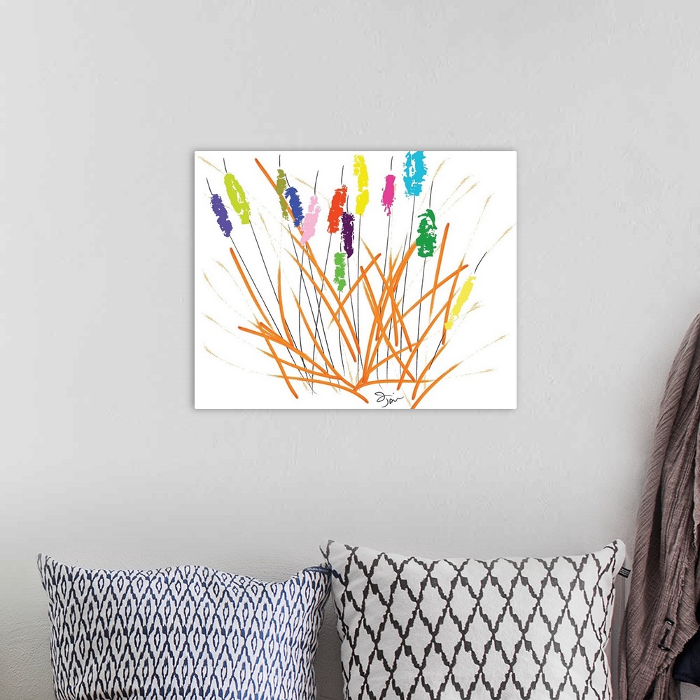 A bohemian room featuring Vibrant digital art painting of colorful cattails on a white background with loose brushstrokes.