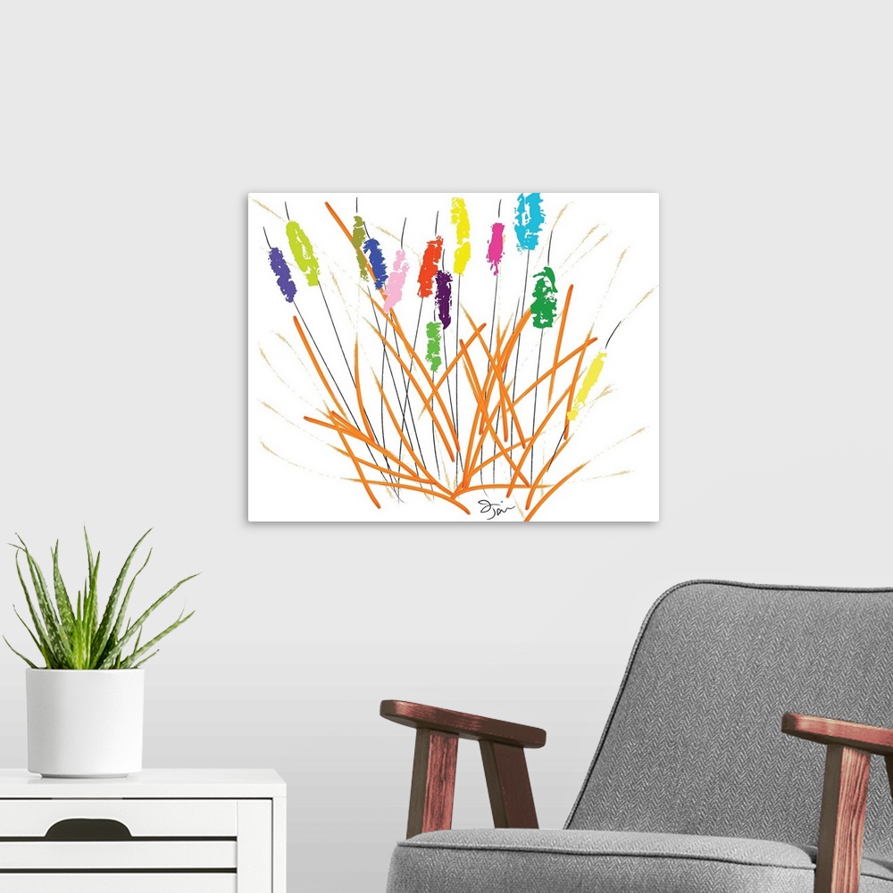 A modern room featuring Vibrant digital art painting of colorful cattails on a white background with loose brushstrokes.