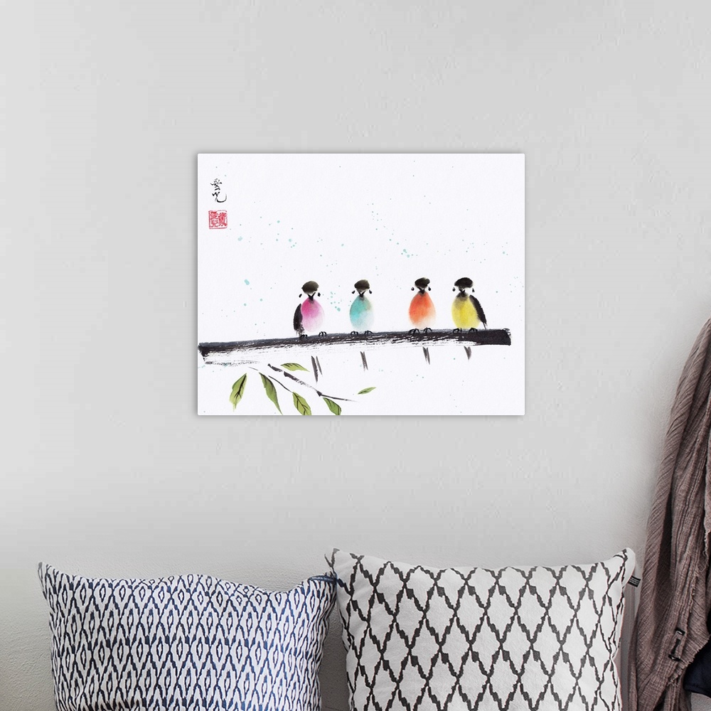 A bohemian room featuring Chinese Ink and Watercolor painting of colorful birds perched on a branch.