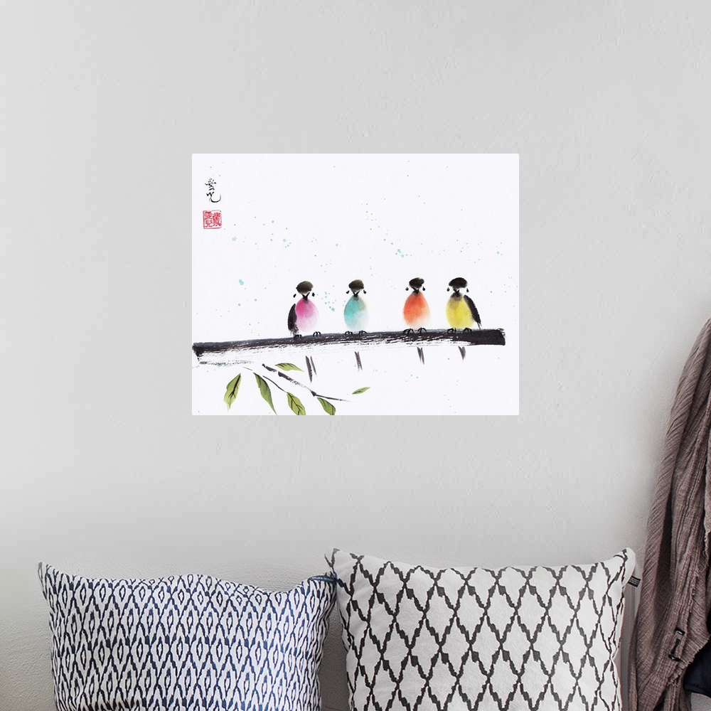A bohemian room featuring Chinese Ink and Watercolor painting of colorful birds perched on a branch.
