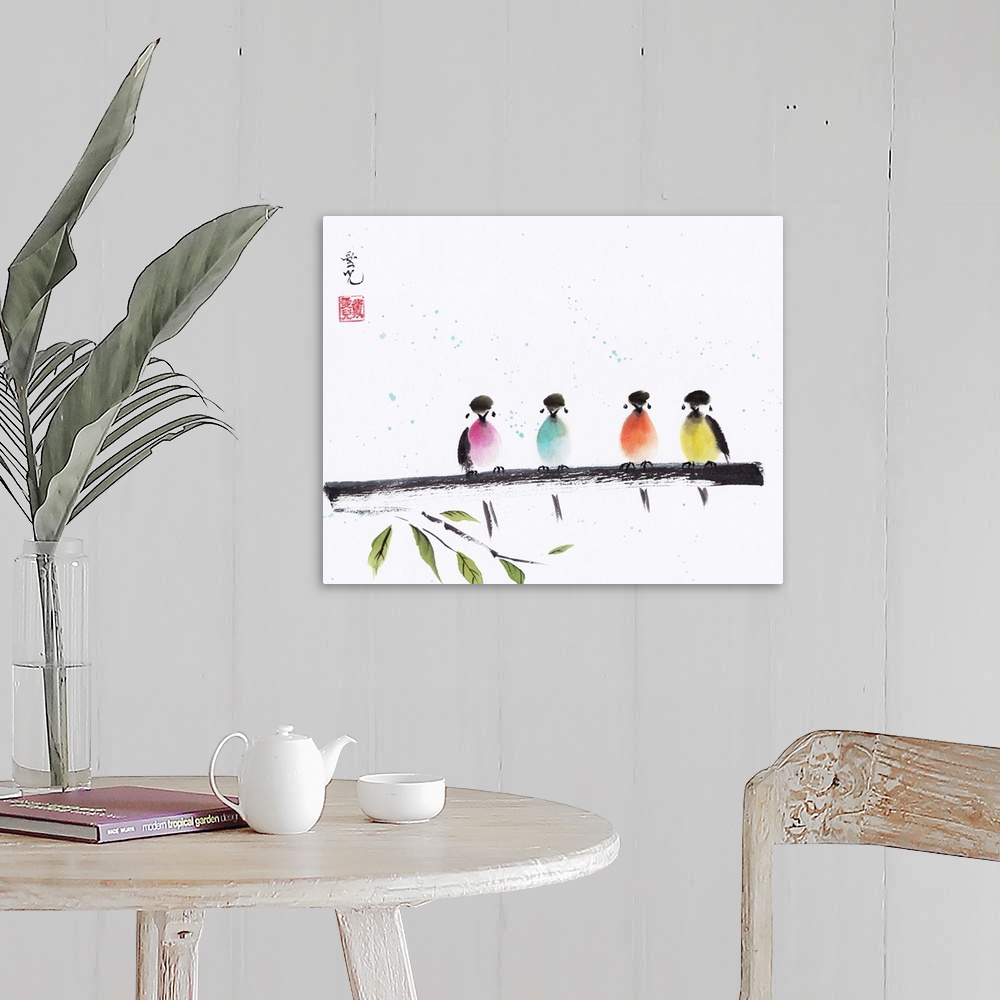 A farmhouse room featuring Chinese Ink and Watercolor painting of colorful birds perched on a branch.