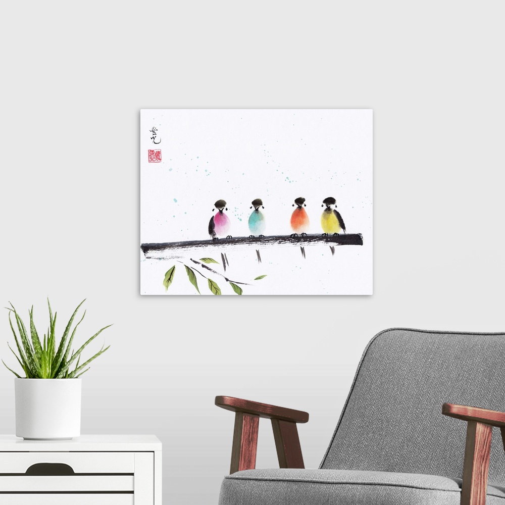 A modern room featuring Chinese Ink and Watercolor painting of colorful birds perched on a branch.