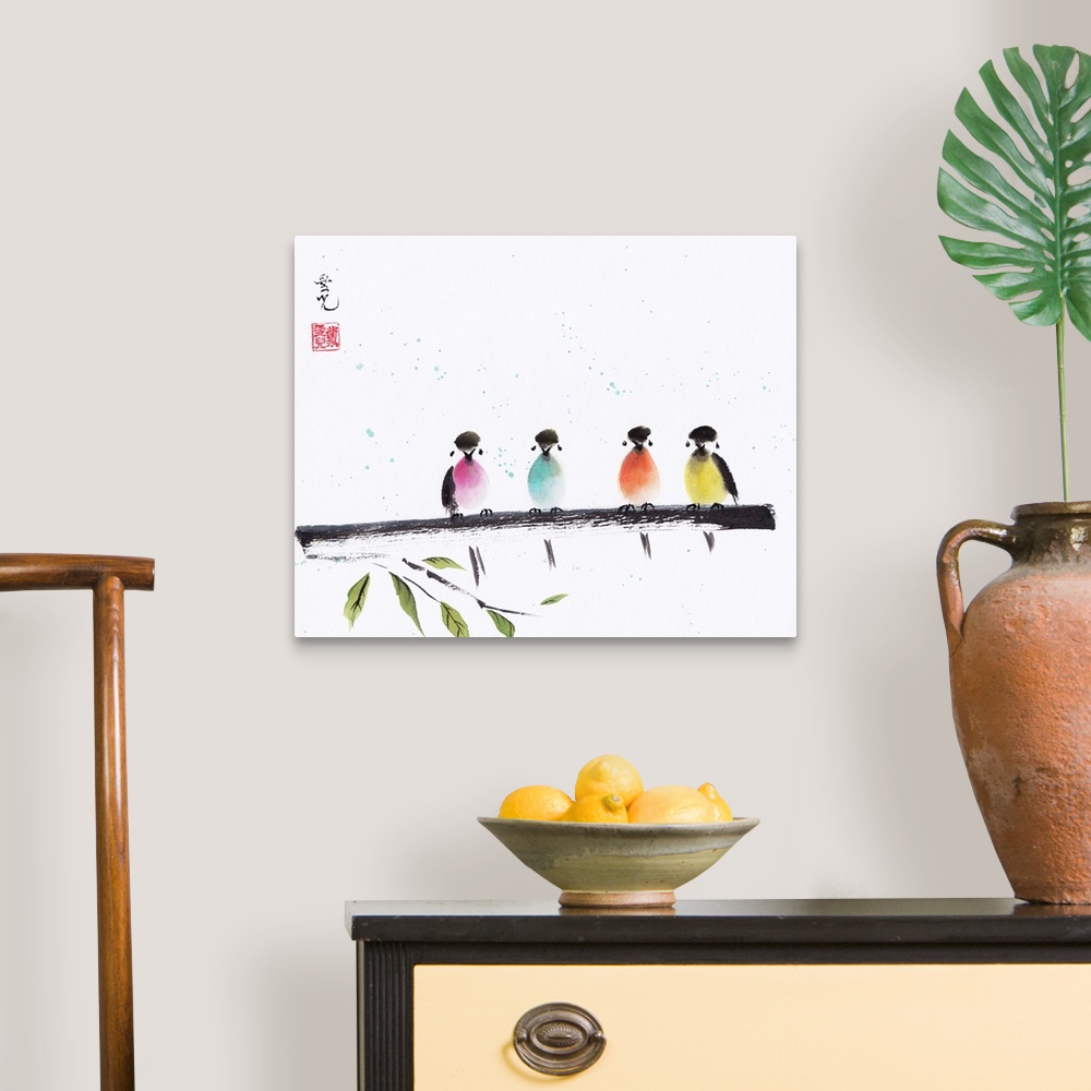 A traditional room featuring Chinese Ink and Watercolor painting of colorful birds perched on a branch.