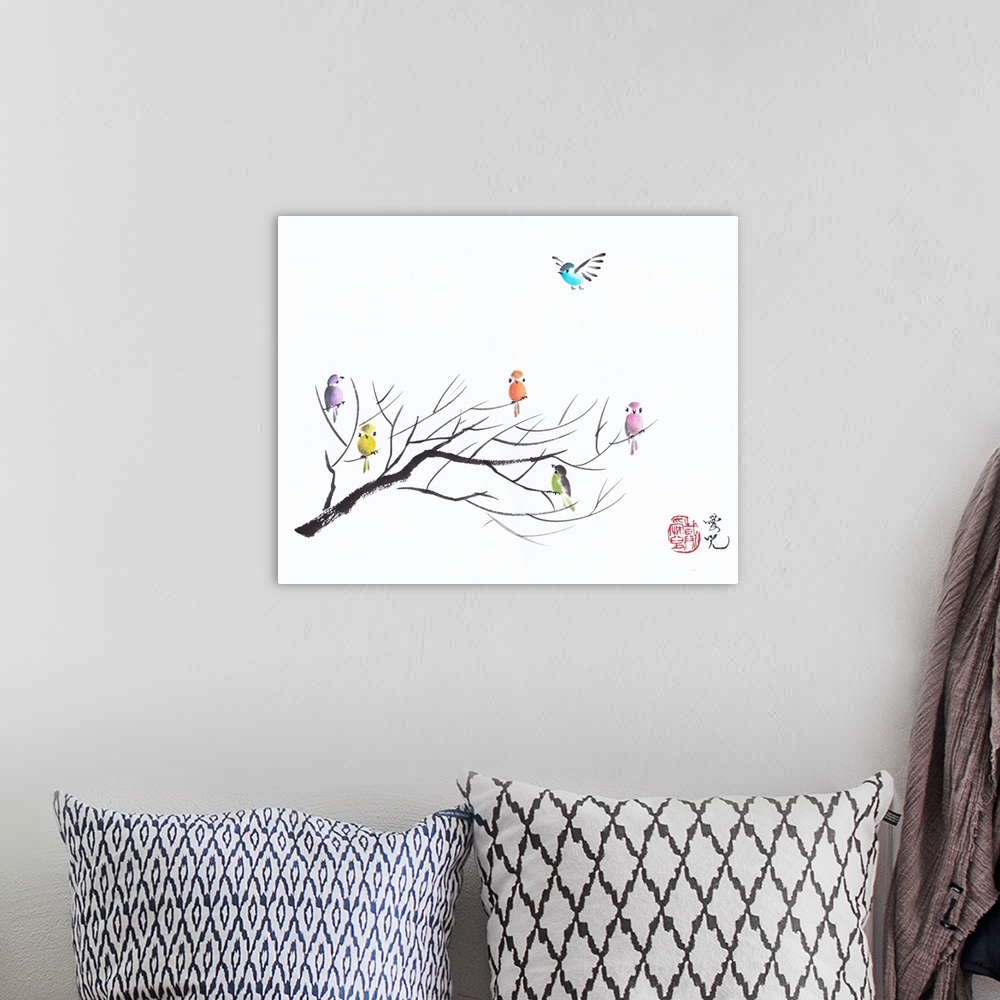 A bohemian room featuring Colorful birds on bare tree branches created with Chinese ink and watercolor.