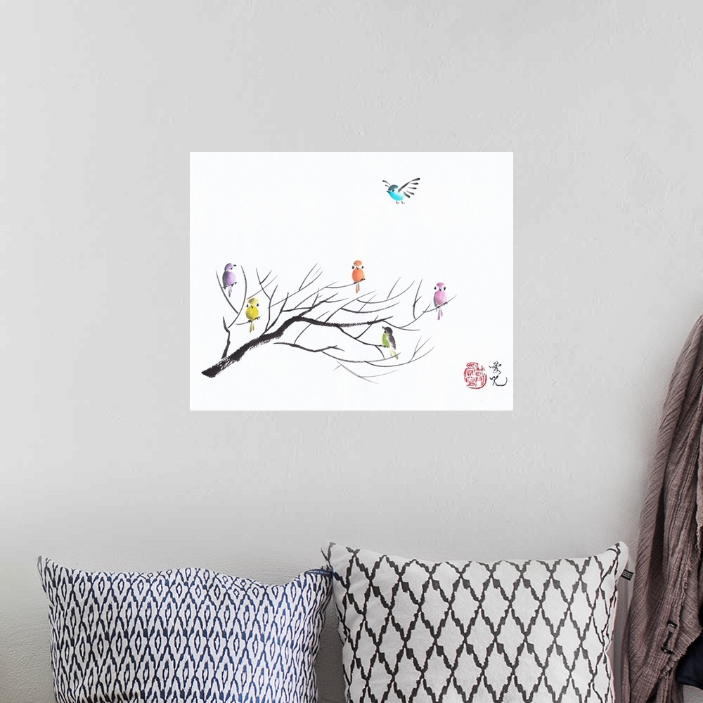 A bohemian room featuring Colorful birds on bare tree branches created with Chinese ink and watercolor.