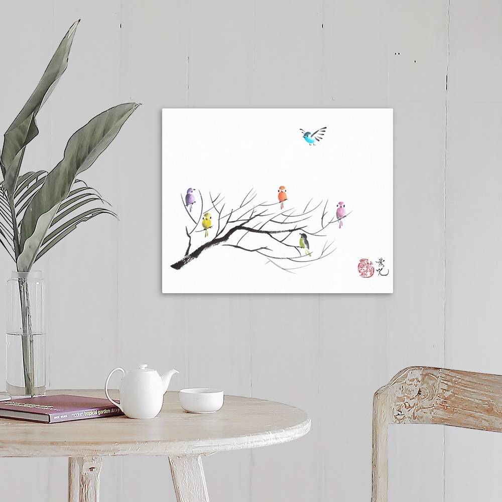 A farmhouse room featuring Colorful birds on bare tree branches created with Chinese ink and watercolor.