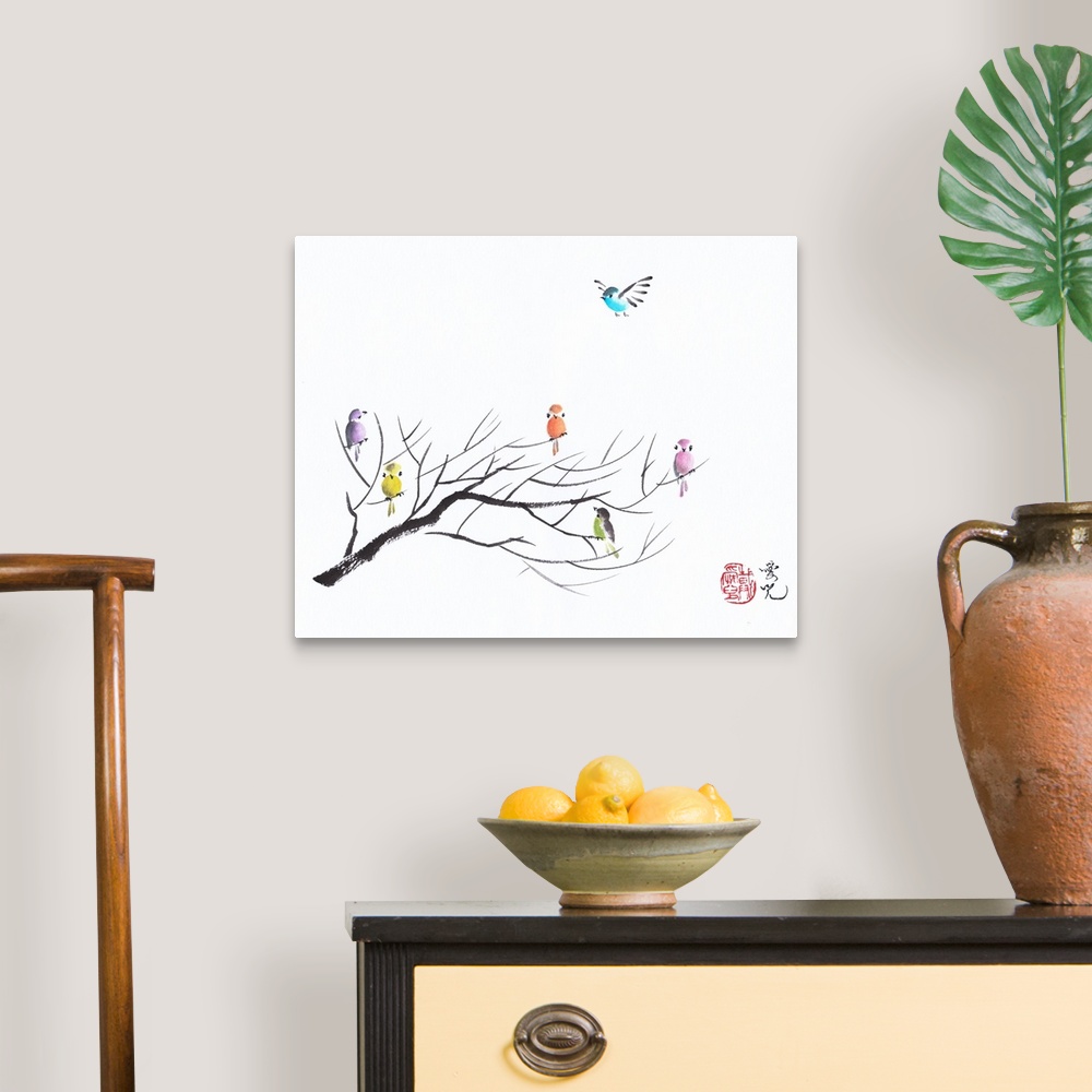 A traditional room featuring Colorful birds on bare tree branches created with Chinese ink and watercolor.