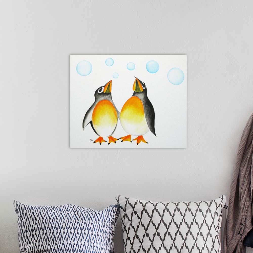 A bohemian room featuring Painting of two penguins looking up at floating bubbles.