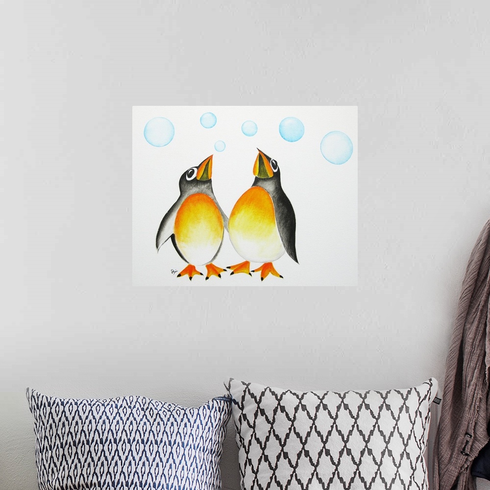 A bohemian room featuring Painting of two penguins looking up at floating bubbles.