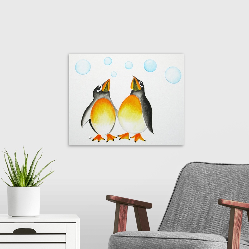 A modern room featuring Painting of two penguins looking up at floating bubbles.