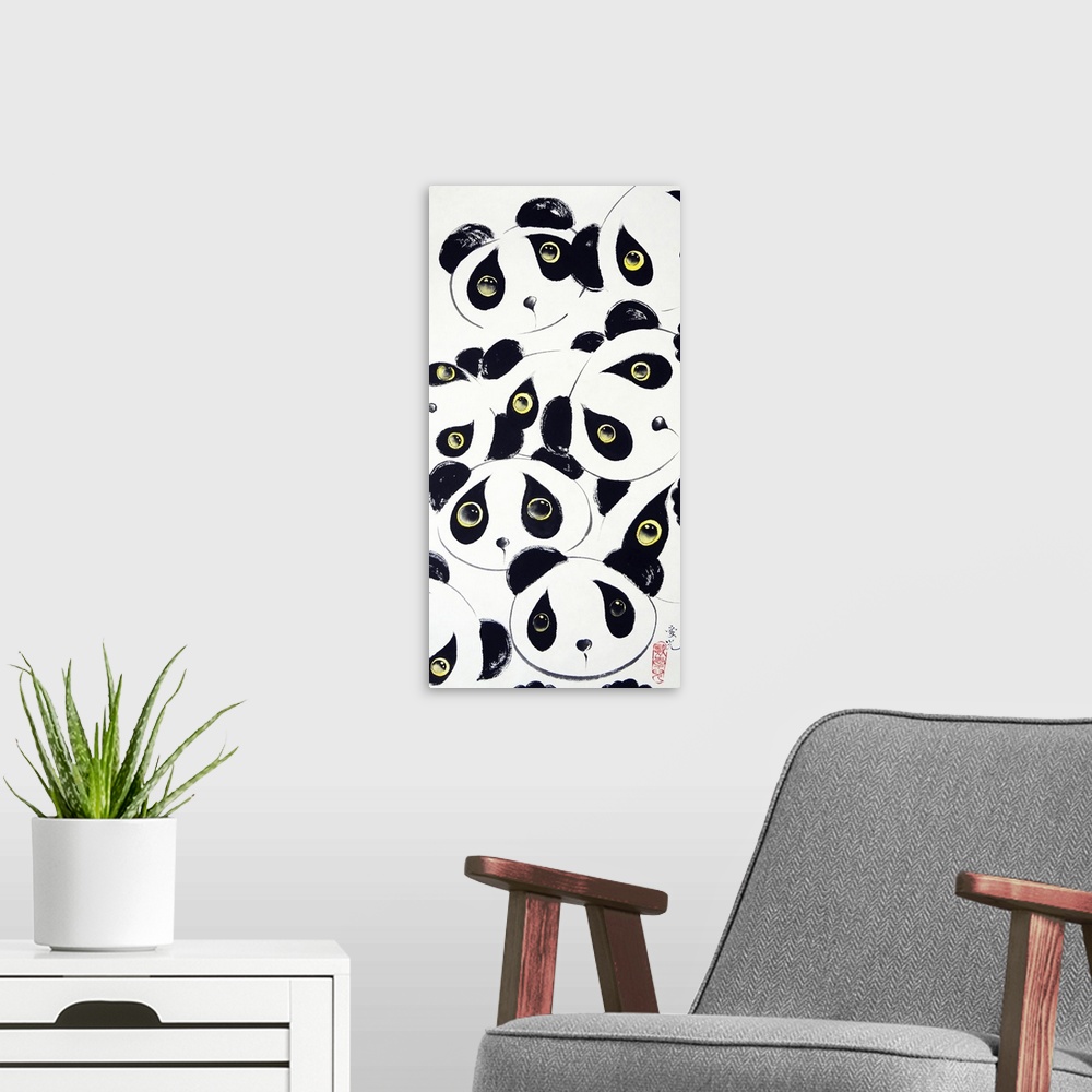 A modern room featuring Chinese ink painting of panda bear heads with yellow eyes, compiled together on a white panel bac...