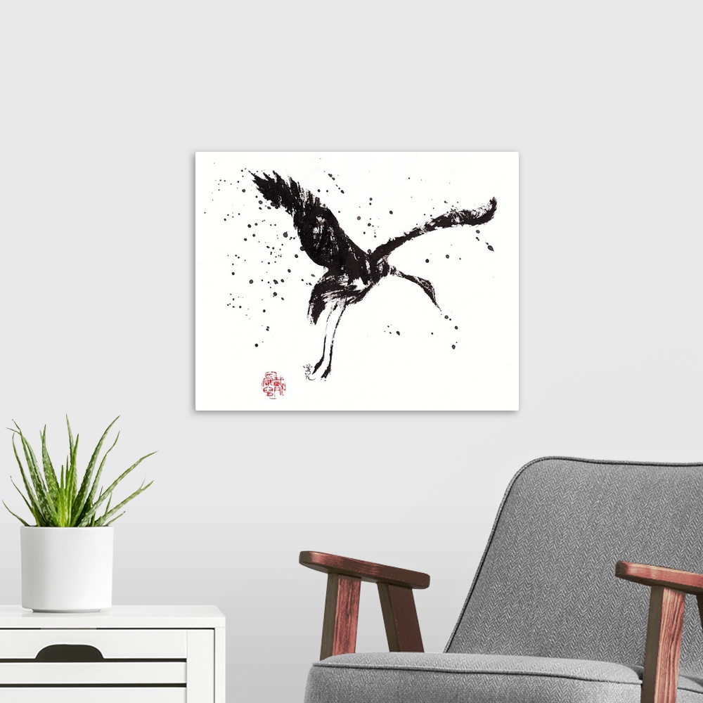 A modern room featuring Dancing Crane in Chinese ink