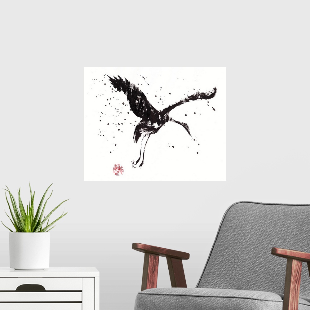 A modern room featuring Dancing Crane in Chinese ink