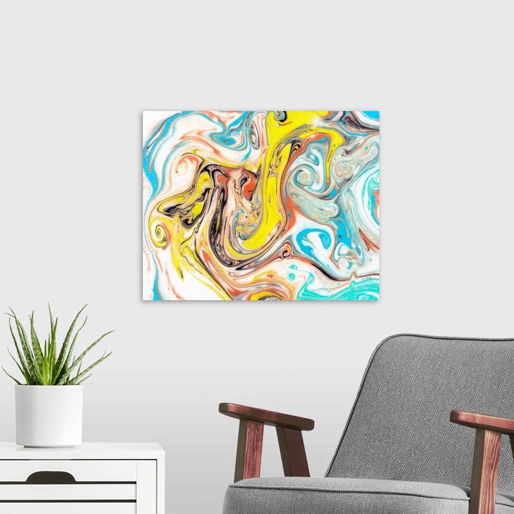 A modern room featuring This abstract was done with floating ink on water.