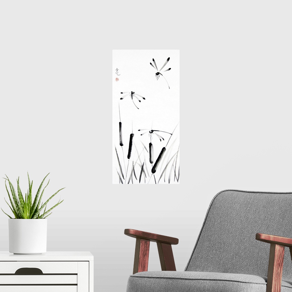 A modern room featuring Chinese ink painting of cattails and dragonflies.