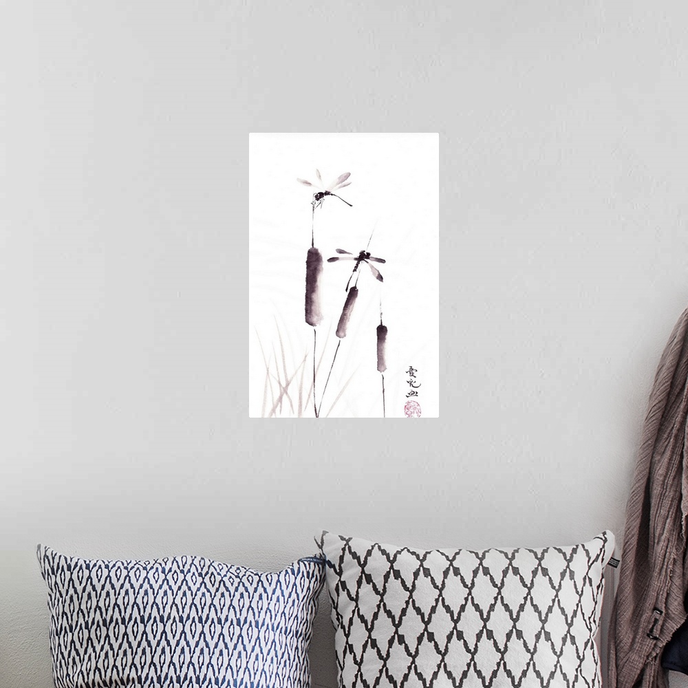 A bohemian room featuring Chinese ink painting of dragonflies and cattails on a white background.
