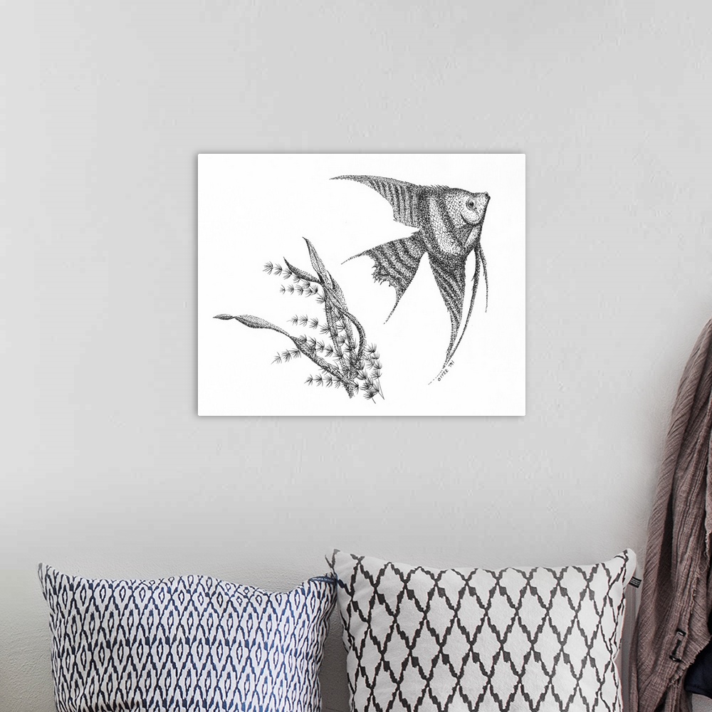 A bohemian room featuring Pen and Ink Stippling of an angel fish and seaweed in black and white.