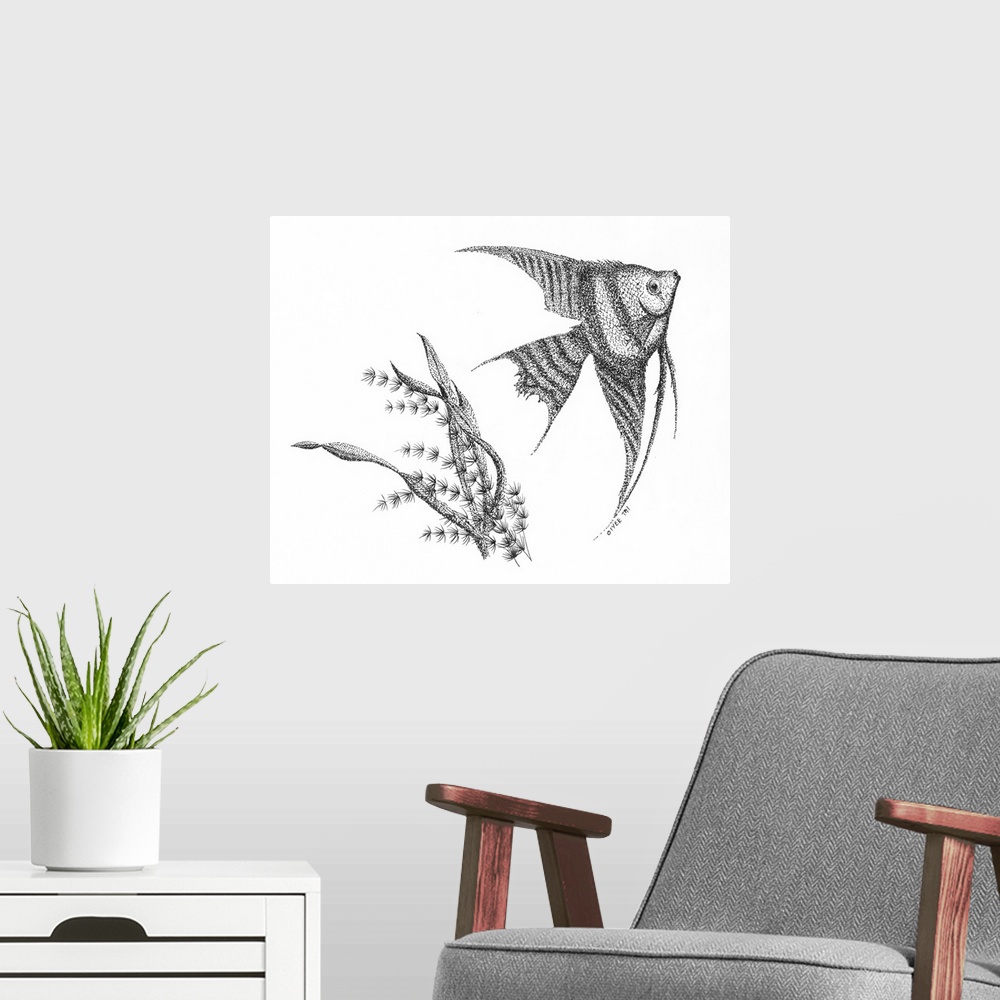 A modern room featuring Pen and Ink Stippling of an angel fish and seaweed in black and white.