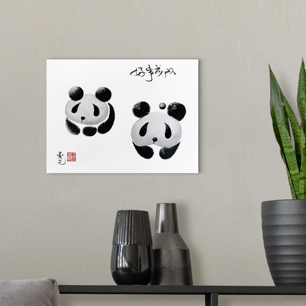 A modern room featuring Chinese ink on canvas painting of two panda bears with the saying "Good Things Come in Pairs"