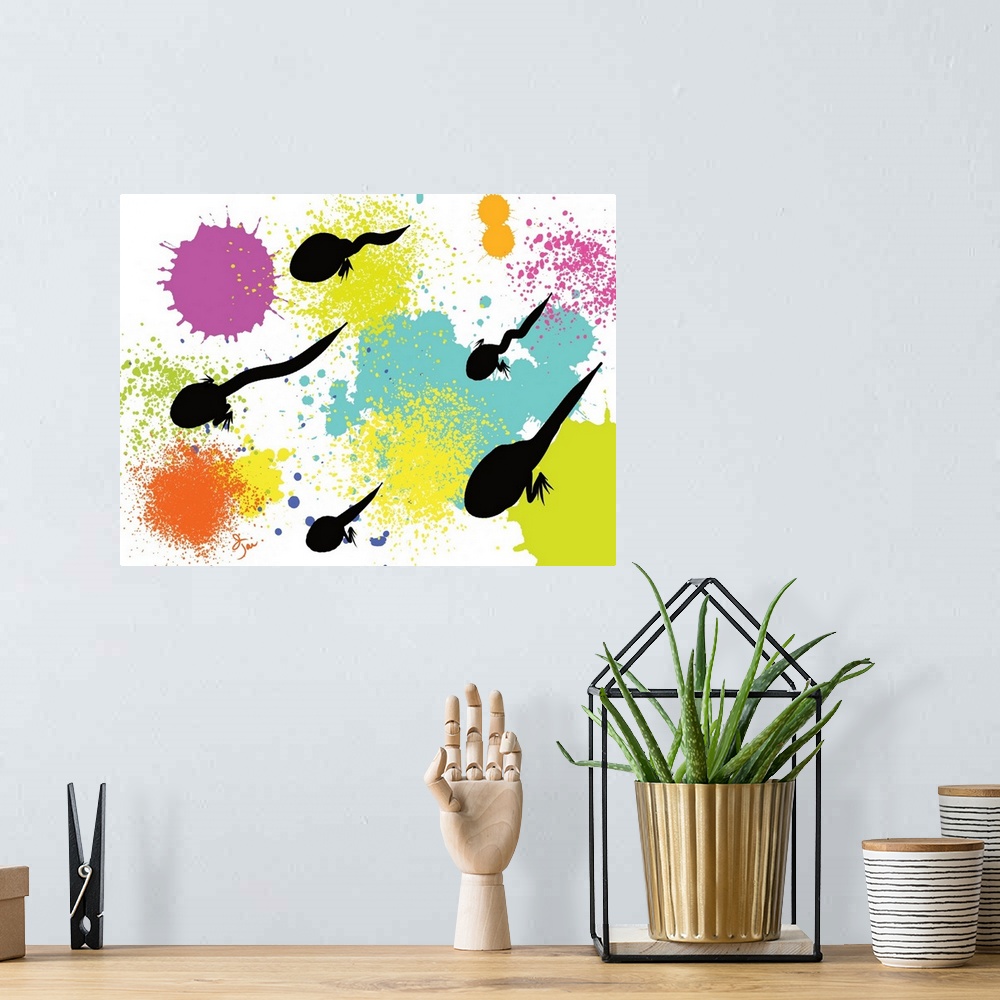 A bohemian room featuring Vibrant artwork with tadpoles on a paint splattered background.