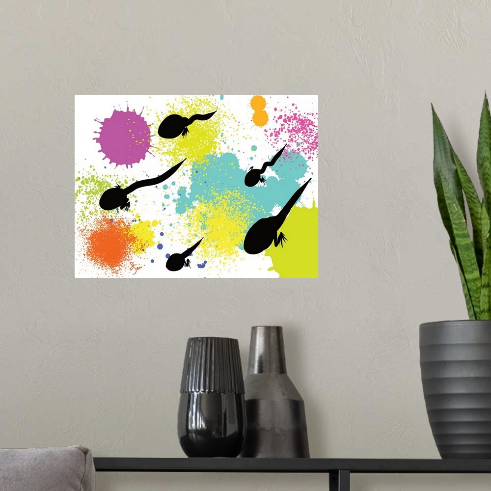 A modern room featuring Vibrant artwork with tadpoles on a paint splattered background.