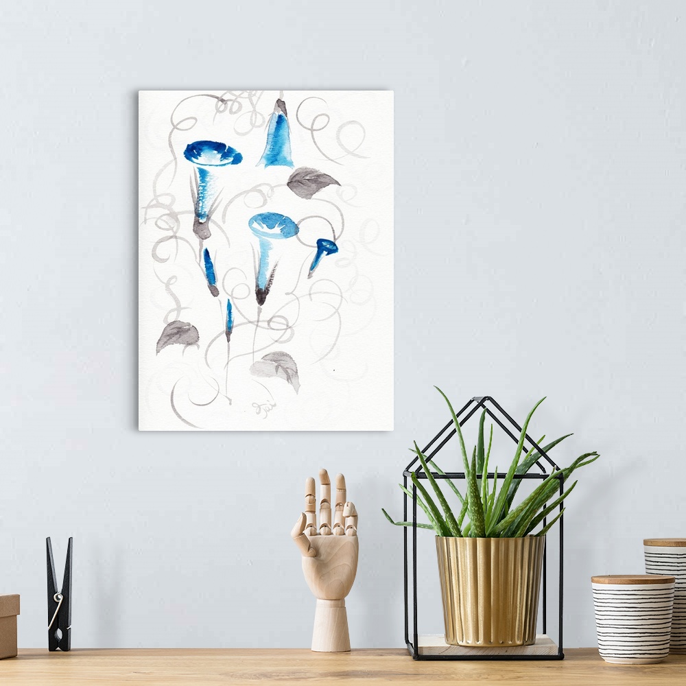 A bohemian room featuring Painting of bright blue flowers and gray vines and leaves created with a blend of sumi and waterc...