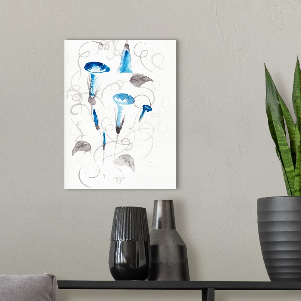 A modern room featuring Painting of bright blue flowers and gray vines and leaves created with a blend of sumi and waterc...