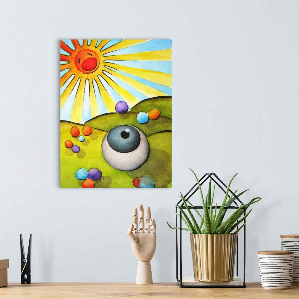 A bohemian room featuring Conceptual painting of an eyeball amongst rolling hills and colorful circles, looking up at the b...