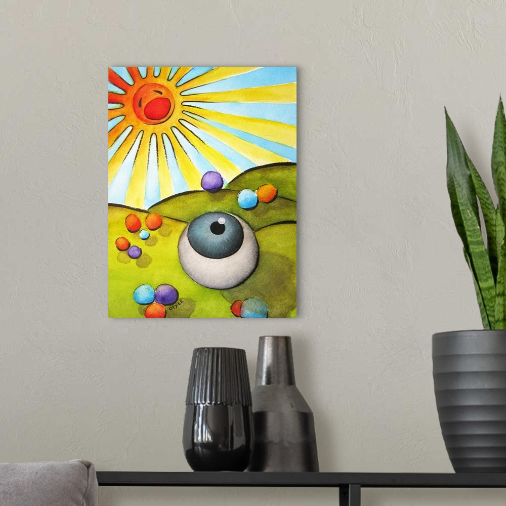 A modern room featuring Conceptual painting of an eyeball amongst rolling hills and colorful circles, looking up at the b...