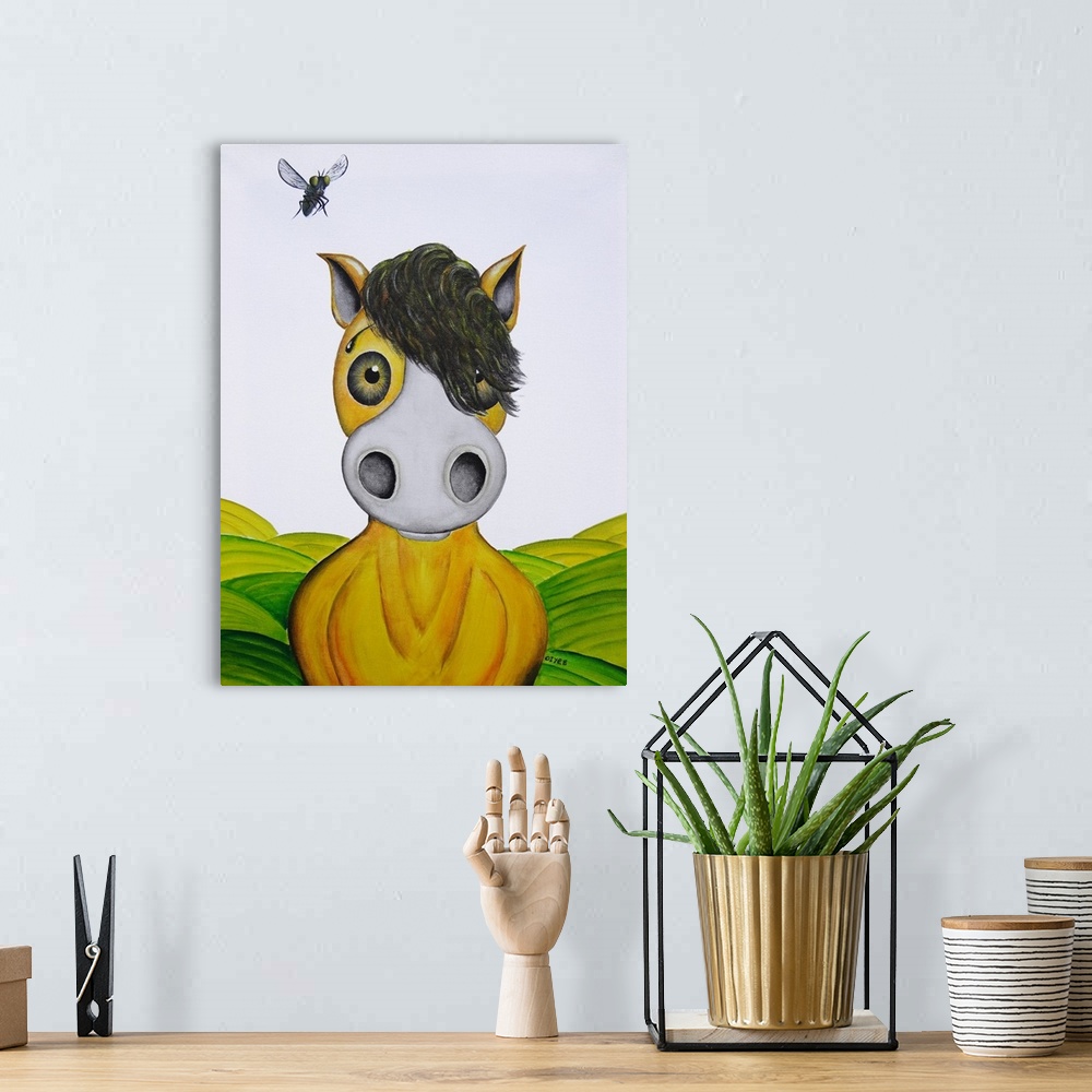 A bohemian room featuring Contemporary painting of a horse with a cartoon-like face and a fly above its ear.