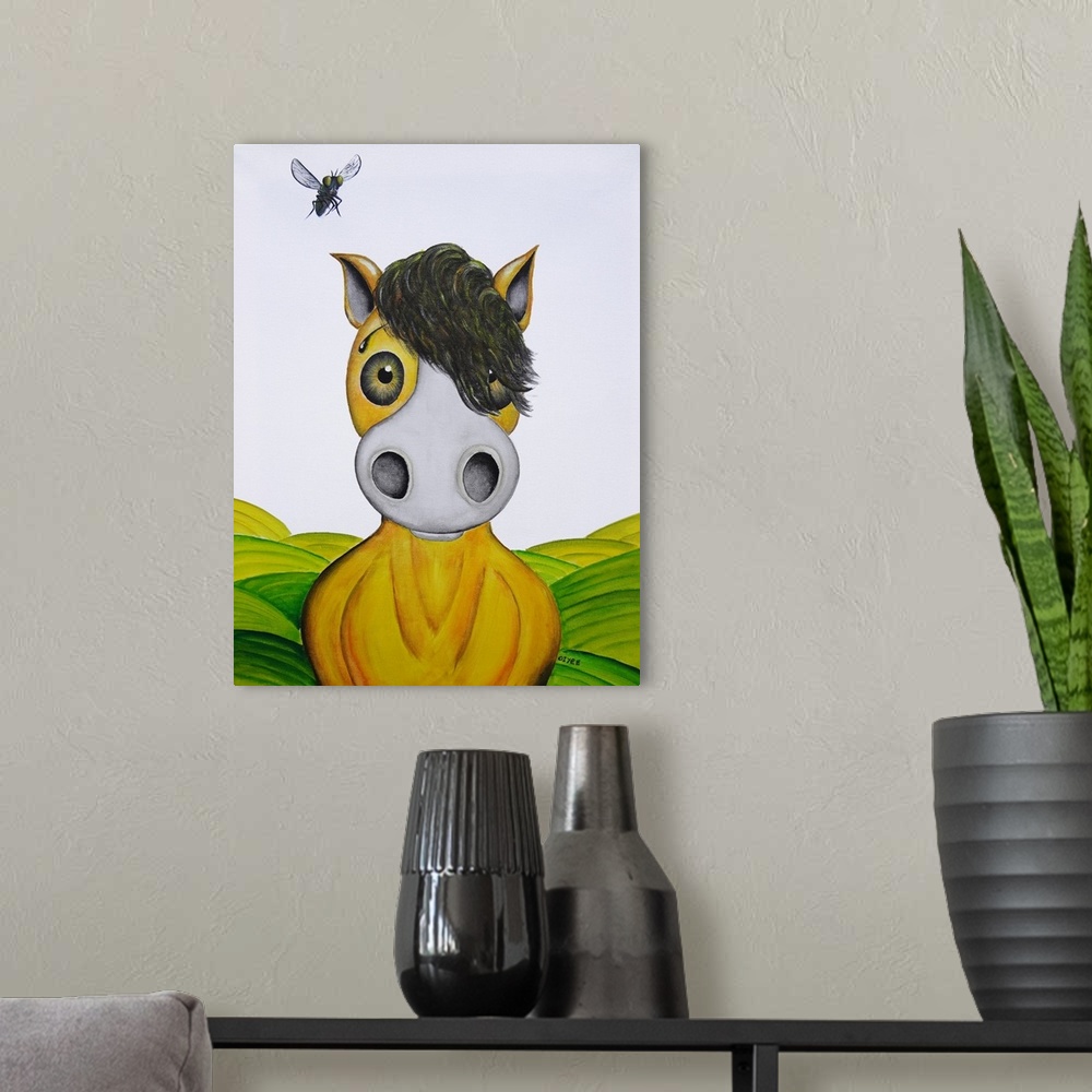A modern room featuring Contemporary painting of a horse with a cartoon-like face and a fly above its ear.