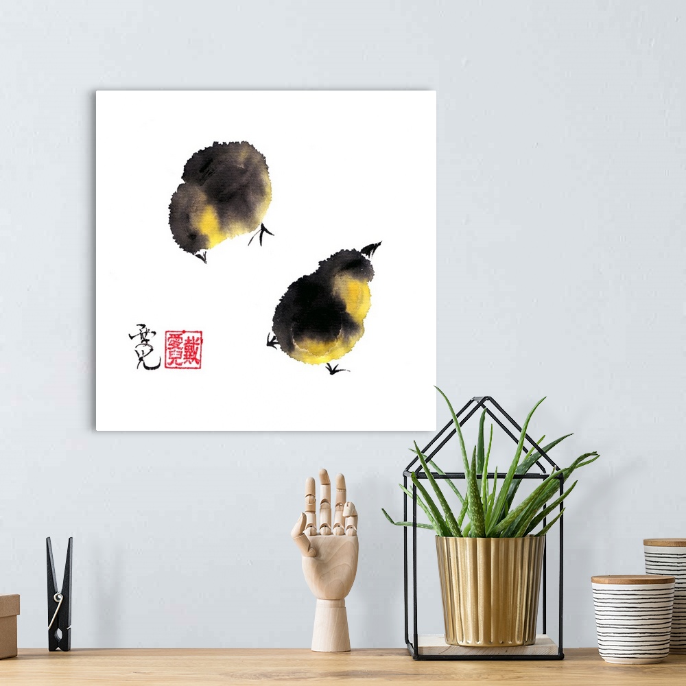 A bohemian room featuring Chinese Ink On Rice Paper. One little chick is on the lookout while the other is feeding.